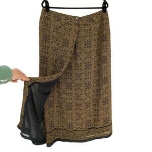 Liz Claiborne Boho Luxe Brown Black Midi Wrap Skirt Size 16 Dark Academia Earthy